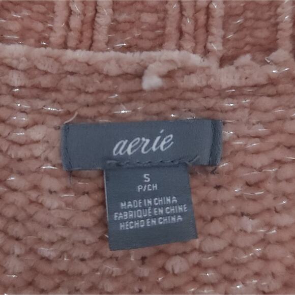 Aerie Chenille Sweater Boxy Small Pink/Beige Metallic Threads Crewneck, So Soft! - Picture 3 of 5